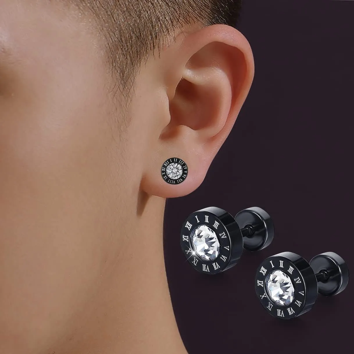 Richapex Cross Earrings for Men Punk Hip Hop Stainless Steel Studs Black Round Hypoallergenic Pierced Cubic Zirconia Studs Earrings