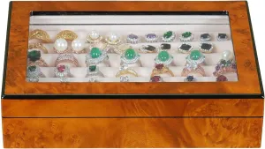 Ring Box Organizer - 42 Slot Classic Jewelry Display Case Holder - Storage Tray with Modern Magnet Closure, Large Glass Window - for Rings and Cufflinks - Small for Travel - Burlwood (Natural)