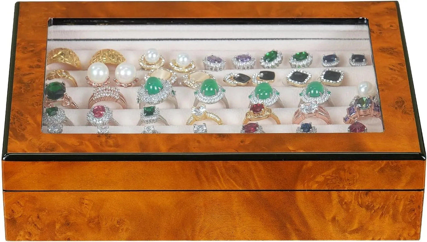 Ring Box Organizer - 42 Slot Classic Jewelry Display Case Holder - Storage Tray with Modern Magnet Closure, Large Glass Window - for Rings and Cufflinks - Small for Travel - Burlwood (Natural)
