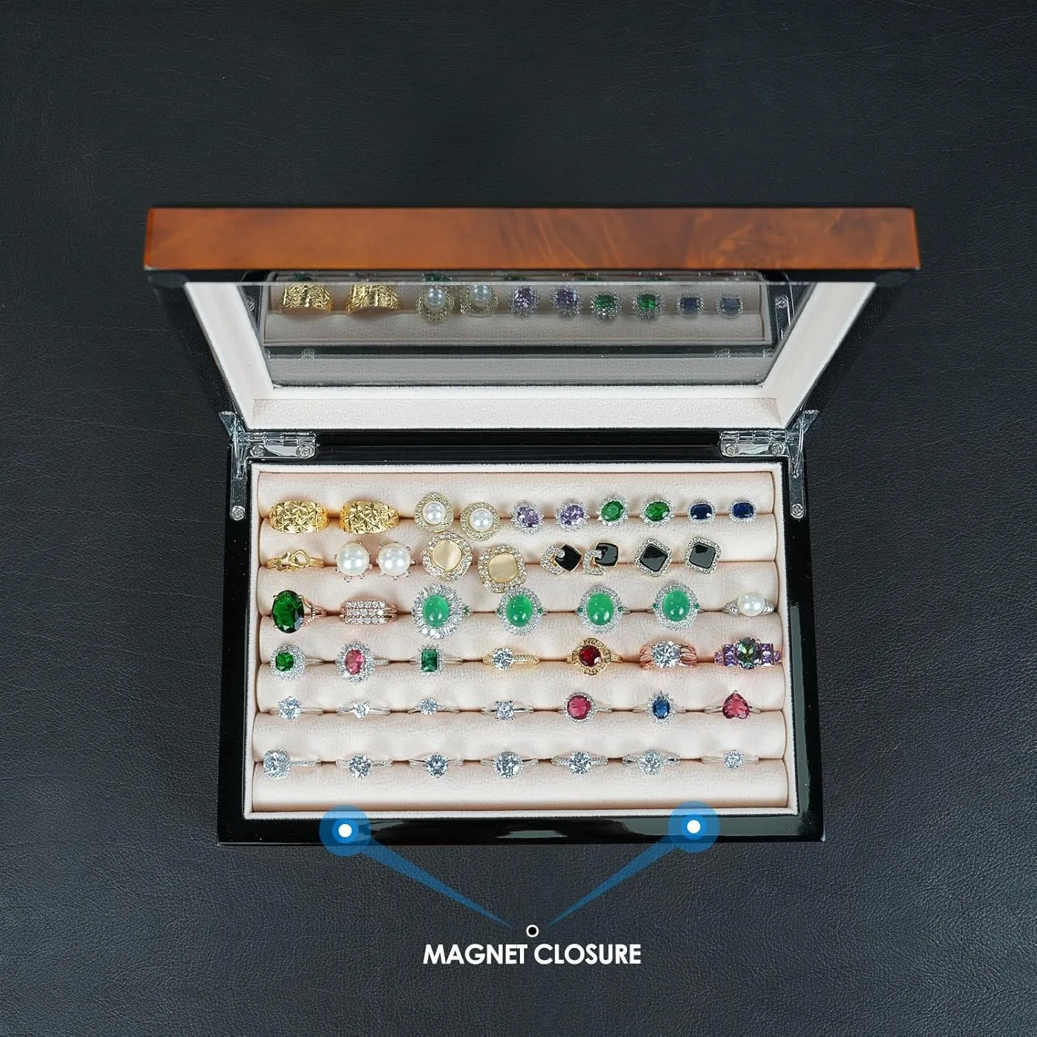 Ring Box Organizer - 42 Slot Classic Jewelry Display Case Holder - Storage Tray with Modern Magnet Closure, Large Glass Window - for Rings and Cufflinks - Small for Travel - Burlwood (Natural)