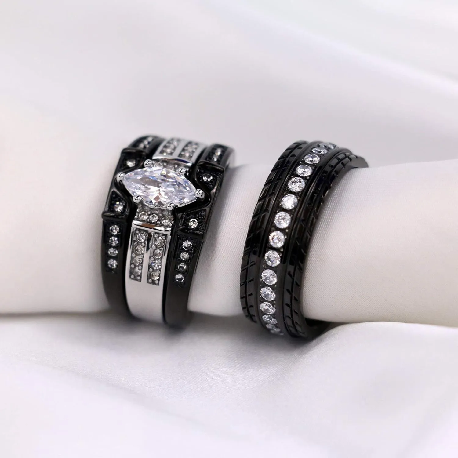 ringheart 2 Black Rings His and Hers Ring Couple Rings Marquise cut Cz Womens Wedding Ring Sets Titanium Steel Mens Wedding Bands