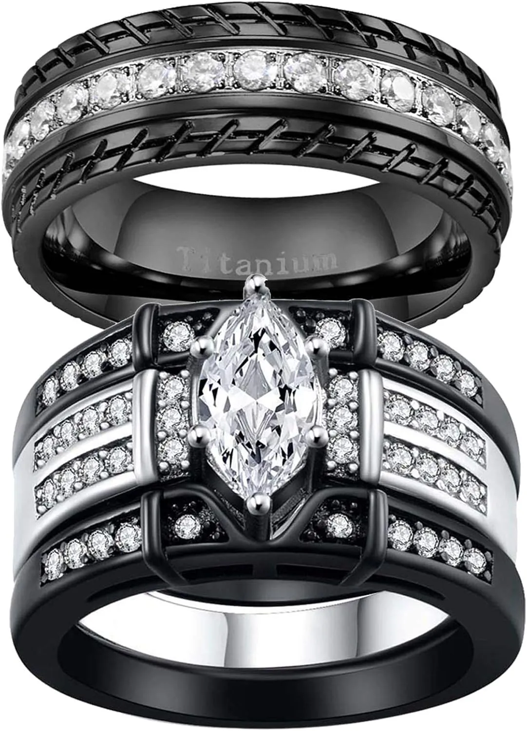 ringheart 2 Black Rings His and Hers Ring Couple Rings Marquise cut Cz Womens Wedding Ring Sets Titanium Steel Mens Wedding Bands