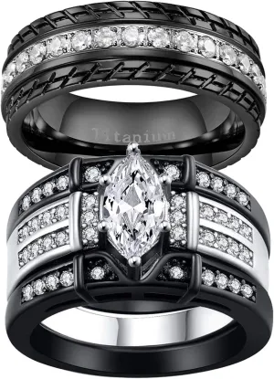 ringheart 2 Black Rings His and Hers Ring Couple Rings Marquise cut Cz Womens Wedding Ring Sets Titanium Steel Mens Wedding Bands