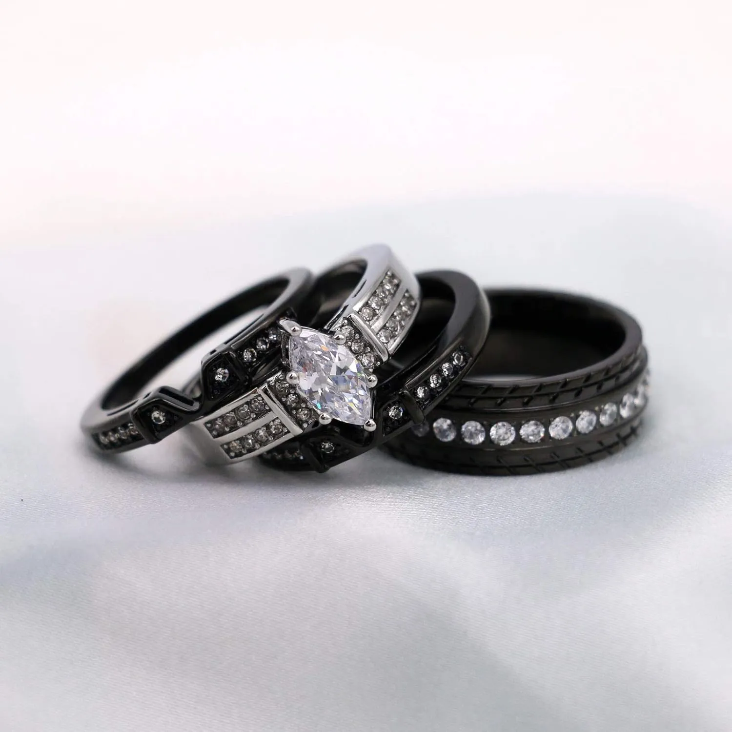 ringheart 2 Black Rings His and Hers Ring Couple Rings Marquise cut Cz Womens Wedding Ring Sets Titanium Steel Mens Wedding Bands