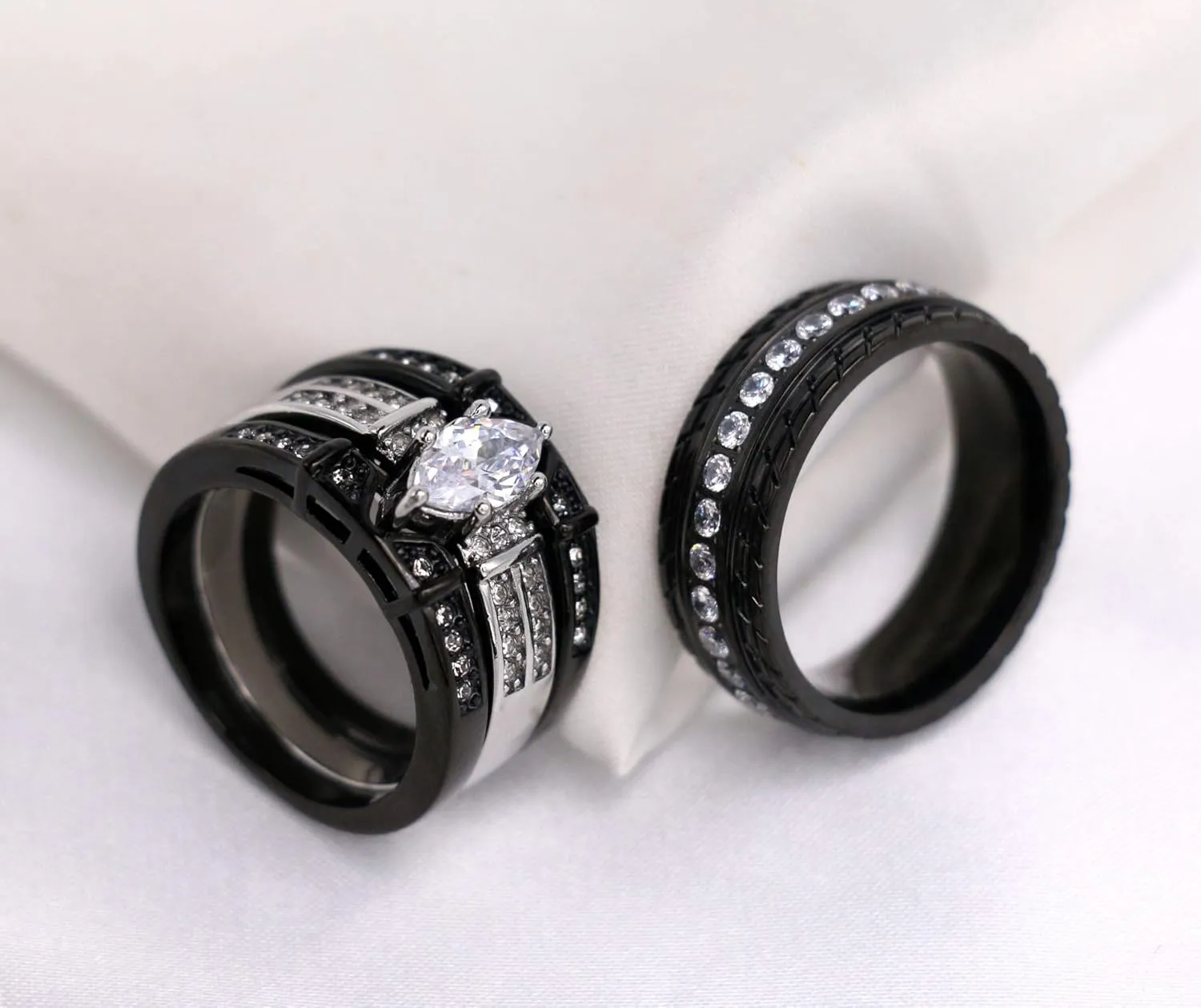 ringheart 2 Black Rings His and Hers Ring Couple Rings Marquise cut Cz Womens Wedding Ring Sets Titanium Steel Mens Wedding Bands