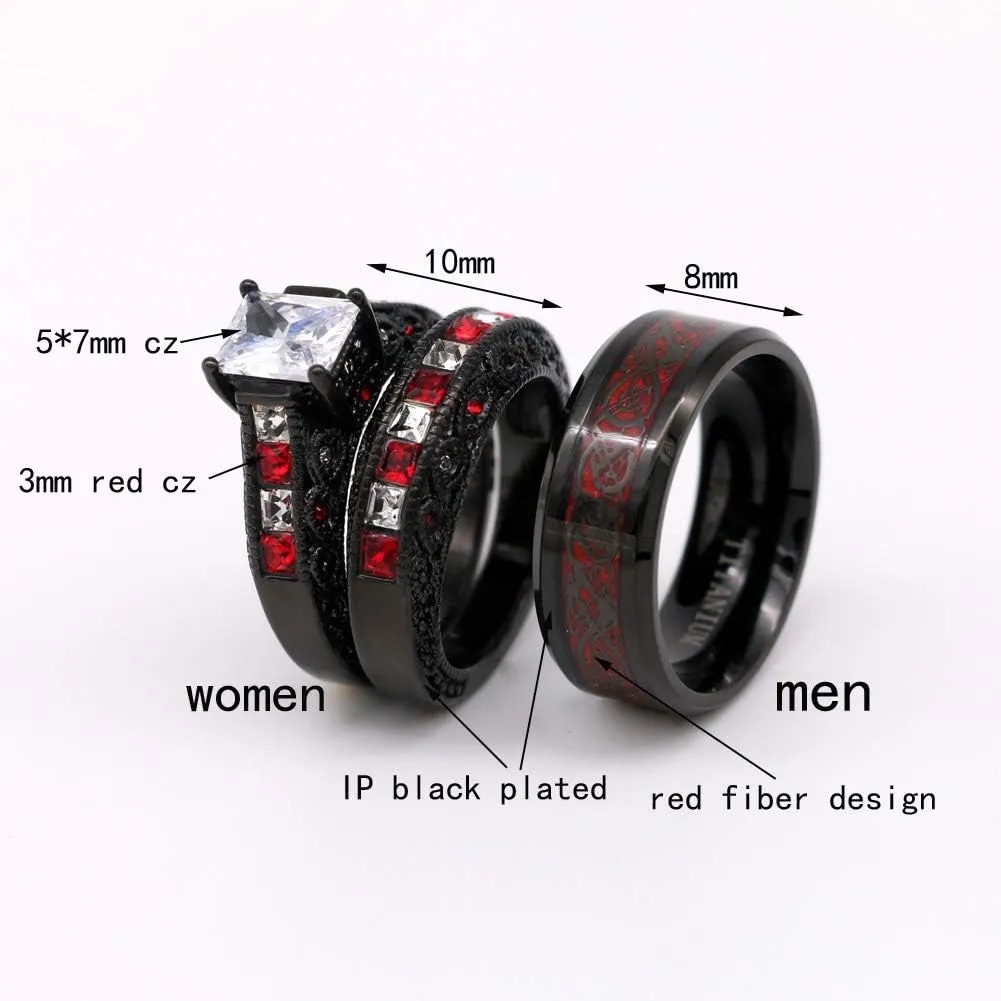 ringheart 2 Rings His and Hers Couple Rings Black and Red Rings Cz Womens Wedding Ring Sets Titanium Steel Mens Wedding Bands