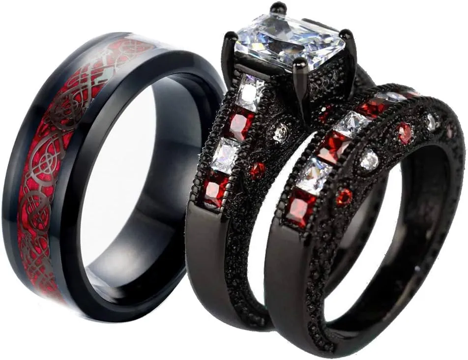 ringheart 2 Rings His and Hers Couple Rings Black and Red Rings Cz Womens Wedding Ring Sets Titanium Steel Mens Wedding Bands