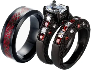 ringheart 2 Rings His and Hers Couple Rings Black and Red Rings Cz Womens Wedding Ring Sets Titanium Steel Mens Wedding Bands