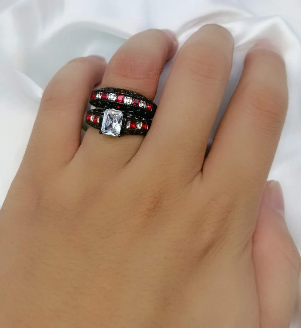 ringheart 2 Rings His and Hers Couple Rings Black and Red Rings Cz Womens Wedding Ring Sets Titanium Steel Mens Wedding Bands
