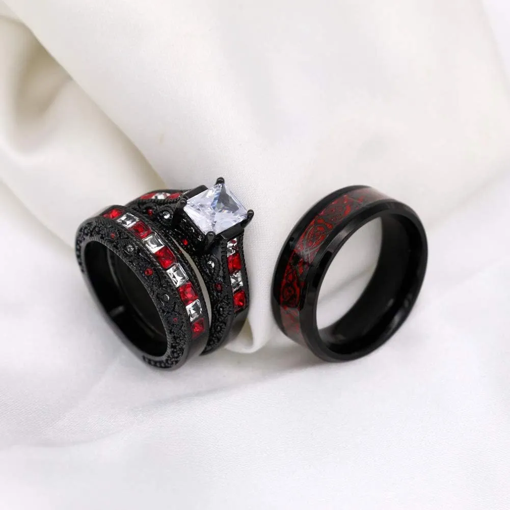 ringheart 2 Rings His and Hers Couple Rings Black and Red Rings Cz Womens Wedding Ring Sets Titanium Steel Mens Wedding Bands