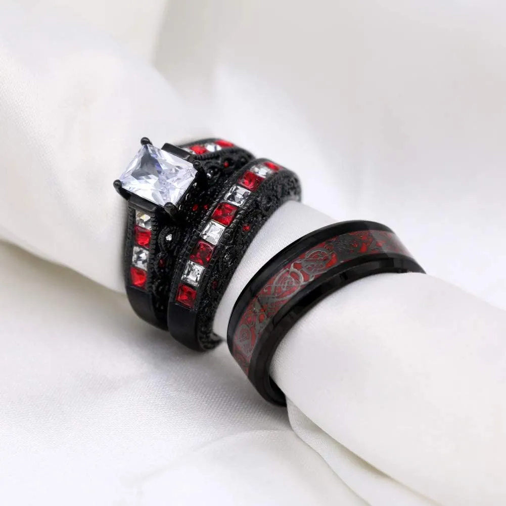 ringheart 2 Rings His and Hers Couple Rings Black and Red Rings Cz Womens Wedding Ring Sets Titanium Steel Mens Wedding Bands