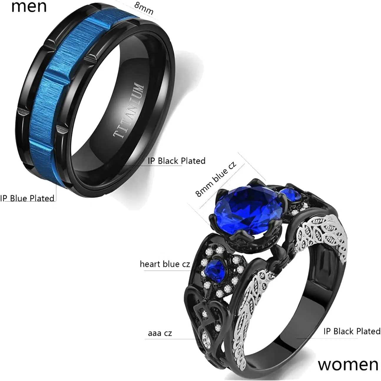 ringheart 2 Rings His and Hers Ring Couple Rings Matching ring Wings Ring Crown Ring Cz Womens Wedding Ring Sets Titanium Steel Mens Wedding Bands