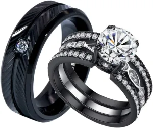 ringheart Couple Rings Black Matching Rings 1.5CT AAA CZ 2pcs Women Wedding Ring Sets for Him and Her Rings Men Band