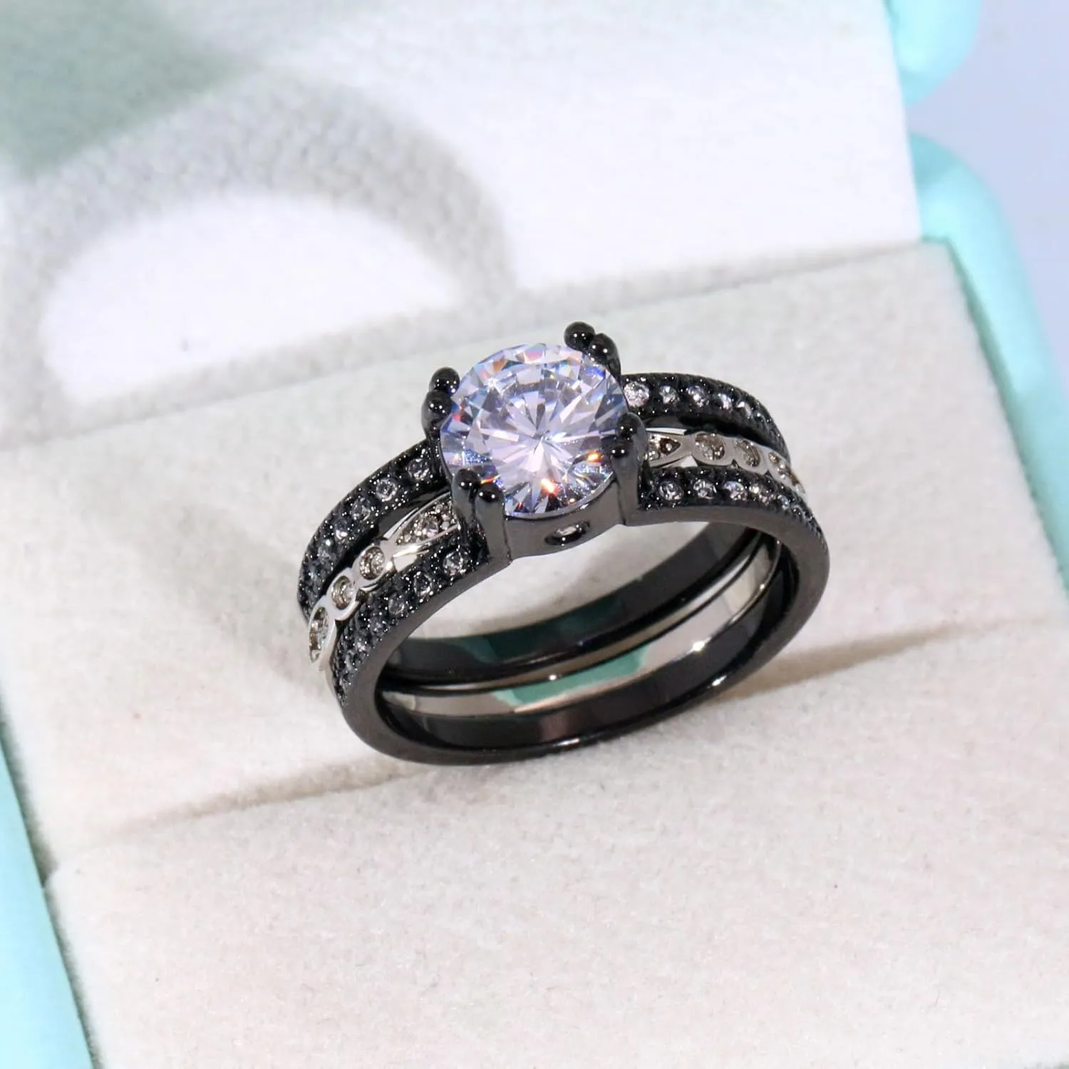ringheart Couple Rings Black Matching Rings 1.5CT AAA CZ 2pcs Women Wedding Ring Sets for Him and Her Rings Men Band