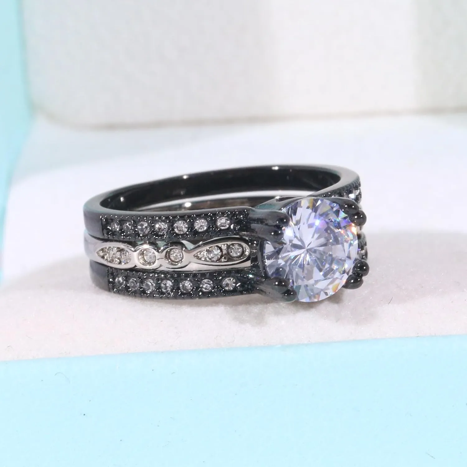 ringheart Couple Rings Black Matching Rings 1.5CT AAA CZ 2pcs Women Wedding Ring Sets for Him and Her Rings Men Band