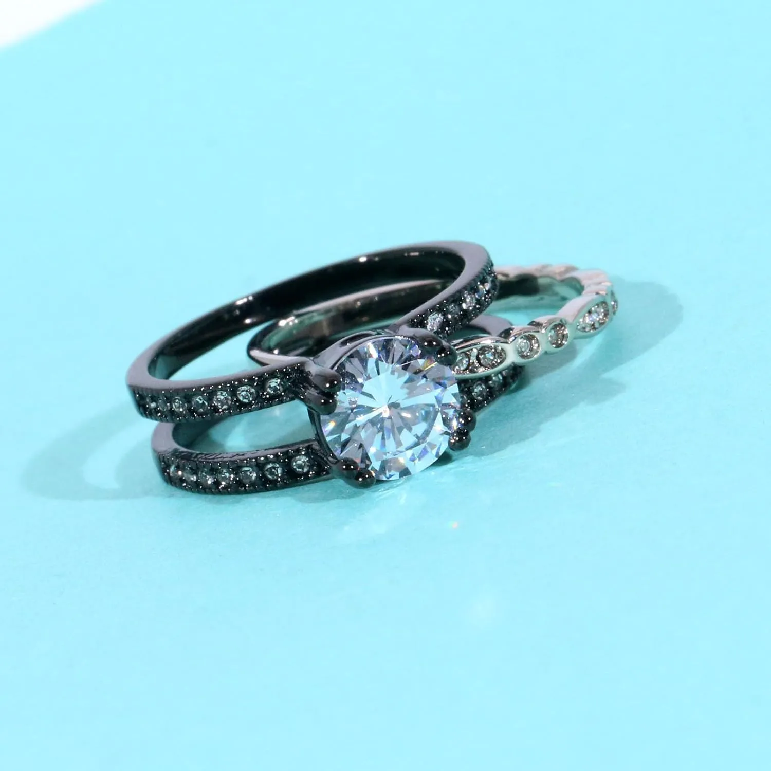 ringheart Couple Rings Black Matching Rings 1.5CT AAA CZ 2pcs Women Wedding Ring Sets for Him and Her Rings Men Band