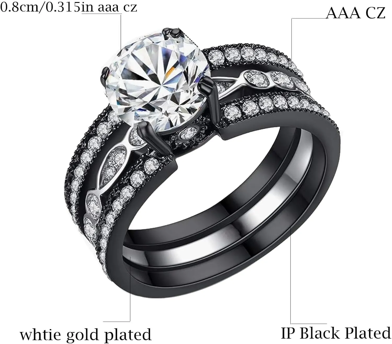 ringheart Couple Rings Black Matching Rings 1.5CT AAA CZ 2pcs Women Wedding Ring Sets for Him and Her Rings Men Band