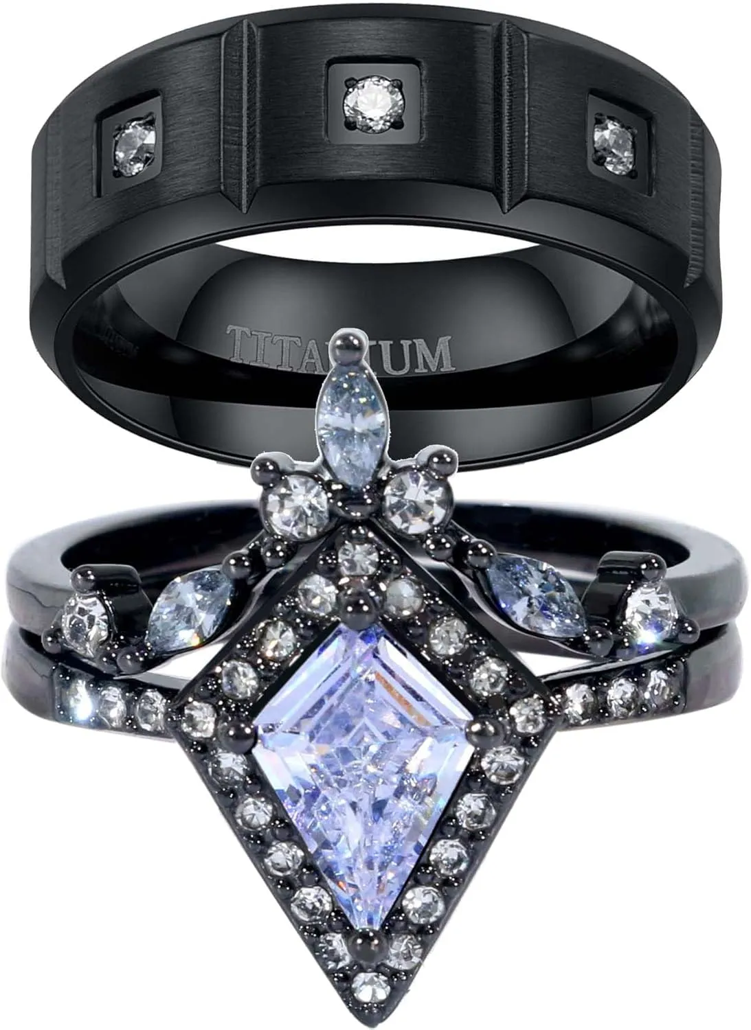 ringheart Couple Rings Matching Rings Black Plated 1.5CT AAA CZ 2pcs Women Wedding Ring Sets for Him and Her Rings Men Band