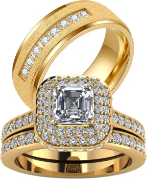 ringheart Couple Rings Matching Rings Yellow Gold Plated 1.5CT AAA CZ 2pcs Women Wedding Ring Sets for Him and Her Rings Men Band