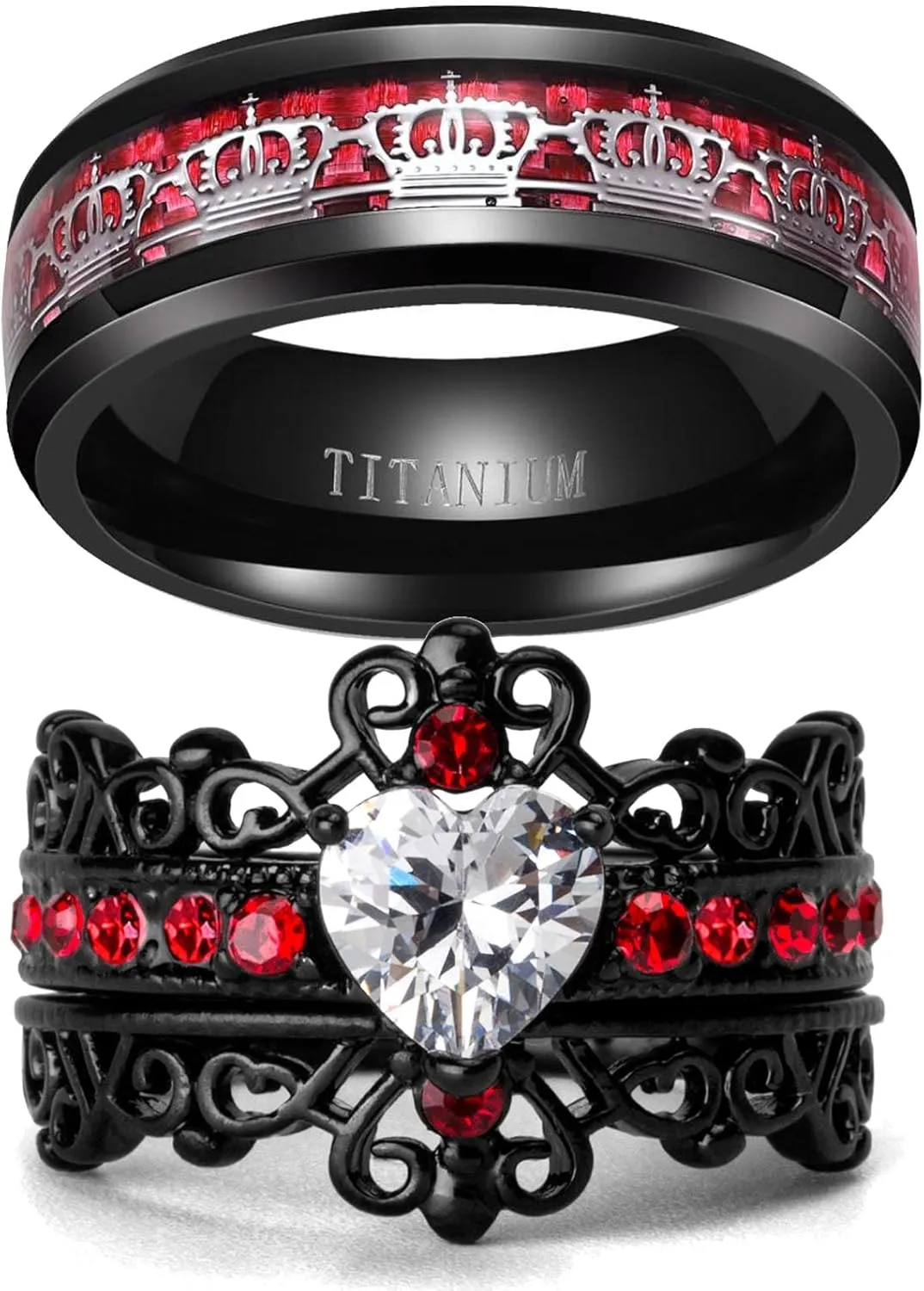 ringheart Crown Rings His and Her Ring Couple Rings Matching Ring 1ct CZ Womens Wedding Ring Sets Titanium steel Mens Wedding Bands