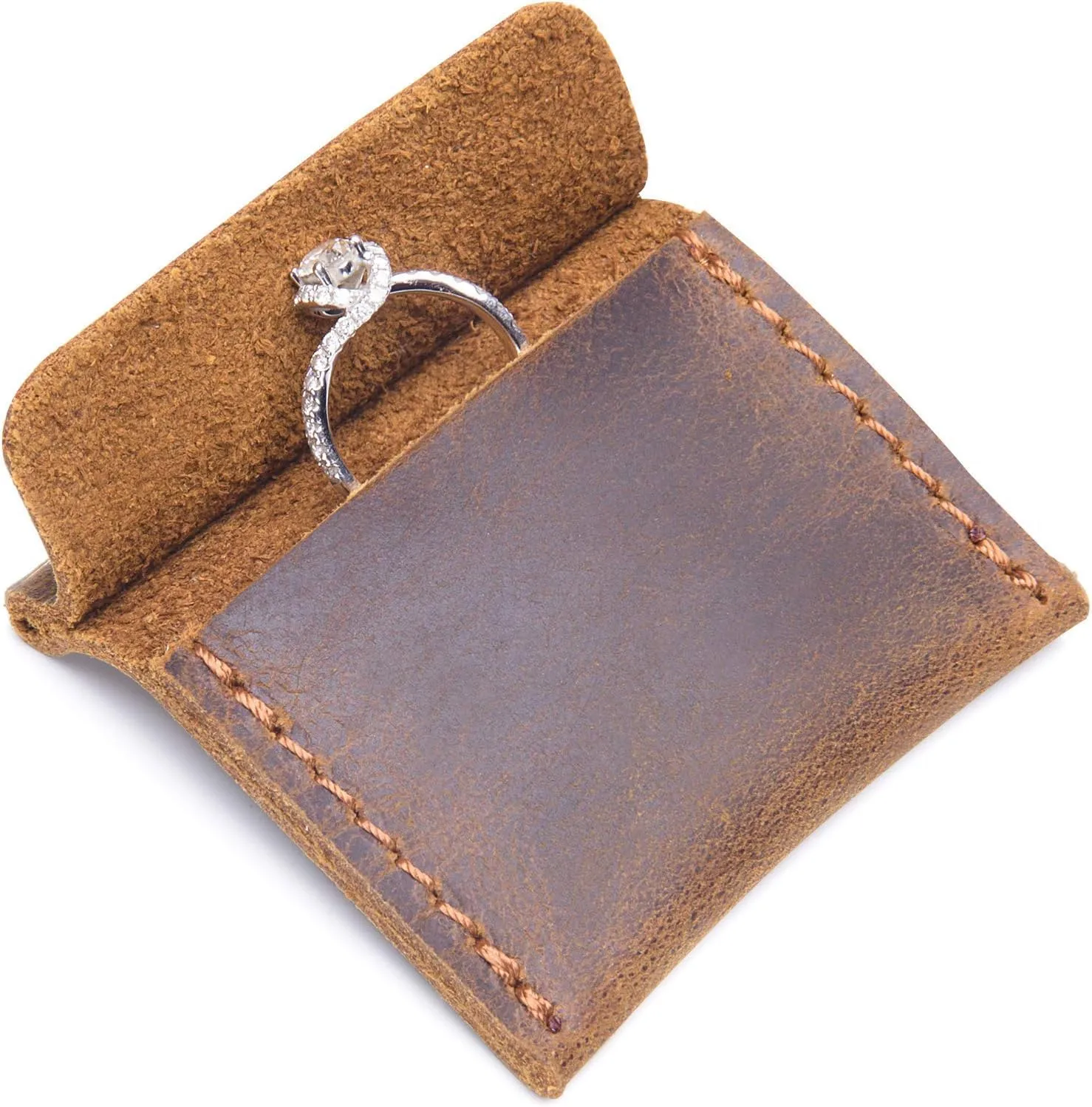 Ringsun Small Leather Ring Pouch, Full Grain Leather Wedding Ring Case for Men & Women, Travel Ring Case, Proposal Ring Holder, Engagement Pouch, Bride & Groom Jewelry Storage, Brown