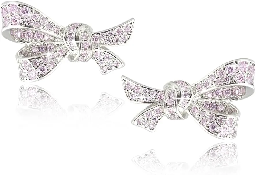 RIZILIA Bow Design Cubic Zirconia Stud Earrings in 18K White Gold Plated, Muliple colors available Hypoallergenic Lightweight Pierced Earrings, Elegant Gift for Women