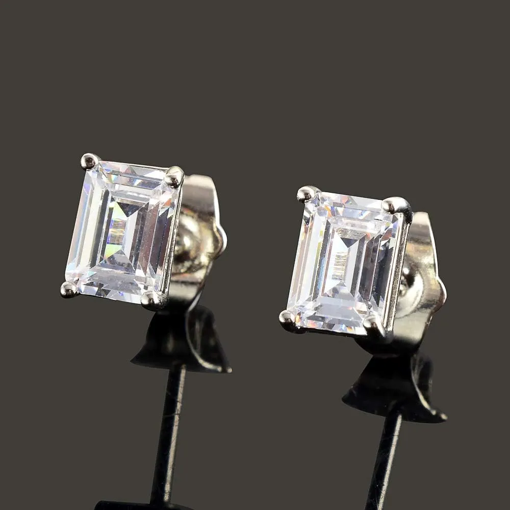 [RIZILIA CLASSIC] Stud Pierced Earrings with Emerald Cut Gemstones CZ [Multi-Colors available] in 18K White Gold Plated, Simple Modern Elegant