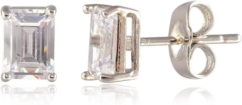 [RIZILIA CLASSIC] Stud Pierced Earrings with Emerald Cut Gemstones CZ [Multi-Colors available] in 18K White Gold Plated, Simple Modern Elegant