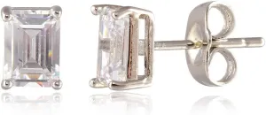 [RIZILIA CLASSIC] Stud Pierced Earrings with Emerald Cut Gemstones CZ [Multi-Colors available] in 18K White Gold Plated, Simple Modern Elegant