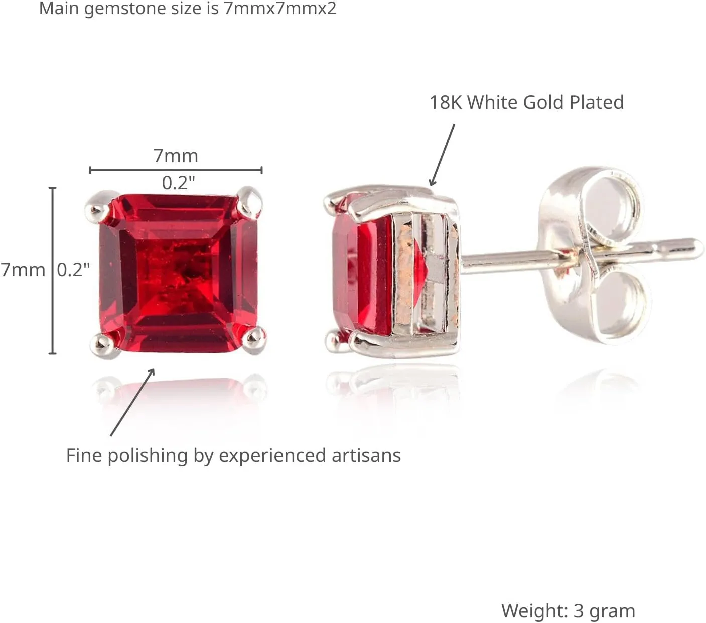 [RIZILIA CLASSIC] Stud Pierced Earrings with Square Emerald Cut Gemstones CZ [Multi-Colors available] in 18K White Gold Plated, Simple Modern Elegant