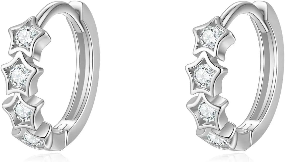Rnivida 925 Sterling Silver Small Stars Cross Huggie Hoop Earring | Hypoallergenic Dainty Earrings for Women