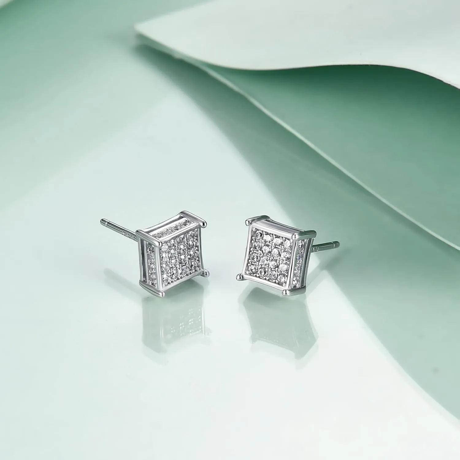 Rnivida 925 Sterling Silver Square Stud Earrings, Iced Out Cz Stud Earring for Men Women, Hypoallergenic