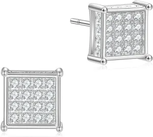 Rnivida 925 Sterling Silver Square Stud Earrings, Iced Out Cz Stud Earring for Men Women, Hypoallergenic