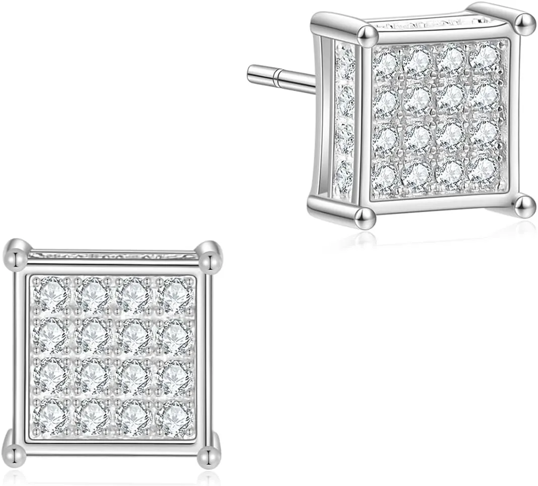 Rnivida 925 Sterling Silver Square Stud Earrings, Iced Out Cz Stud Earring for Men Women, Hypoallergenic