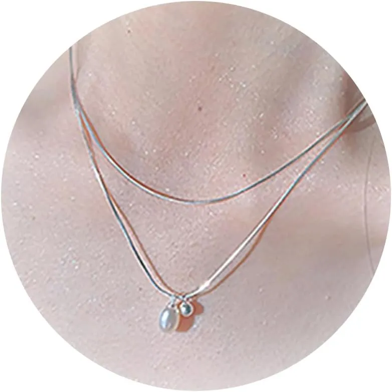 Roe Dolph Pearl Choker Necklace Layer Snake Chain Necklace Boho Necklace Adjustable Silver Chain Necklace White Round Pearl Pendants Trendy Jewelry