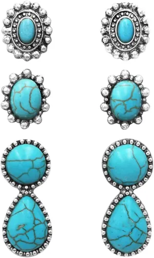 Rosemarie & Jubalee Women's Set of 3 Pairs Western Cowgirl Fun Concho Style Natural Howlite Post Back Earrings