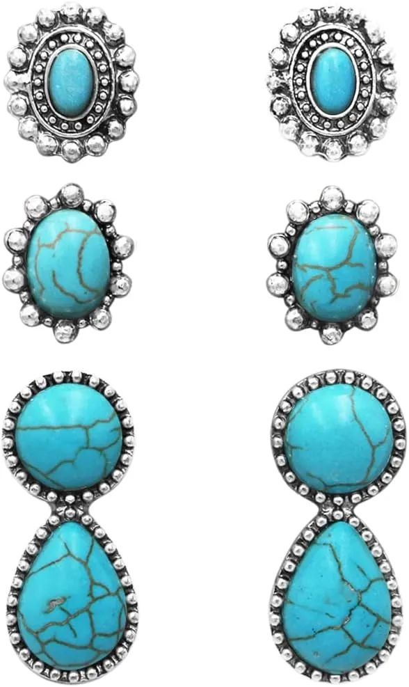 Rosemarie & Jubalee Women's Set of 3 Pairs Western Cowgirl Fun Concho Style Natural Howlite Post Back Earrings
