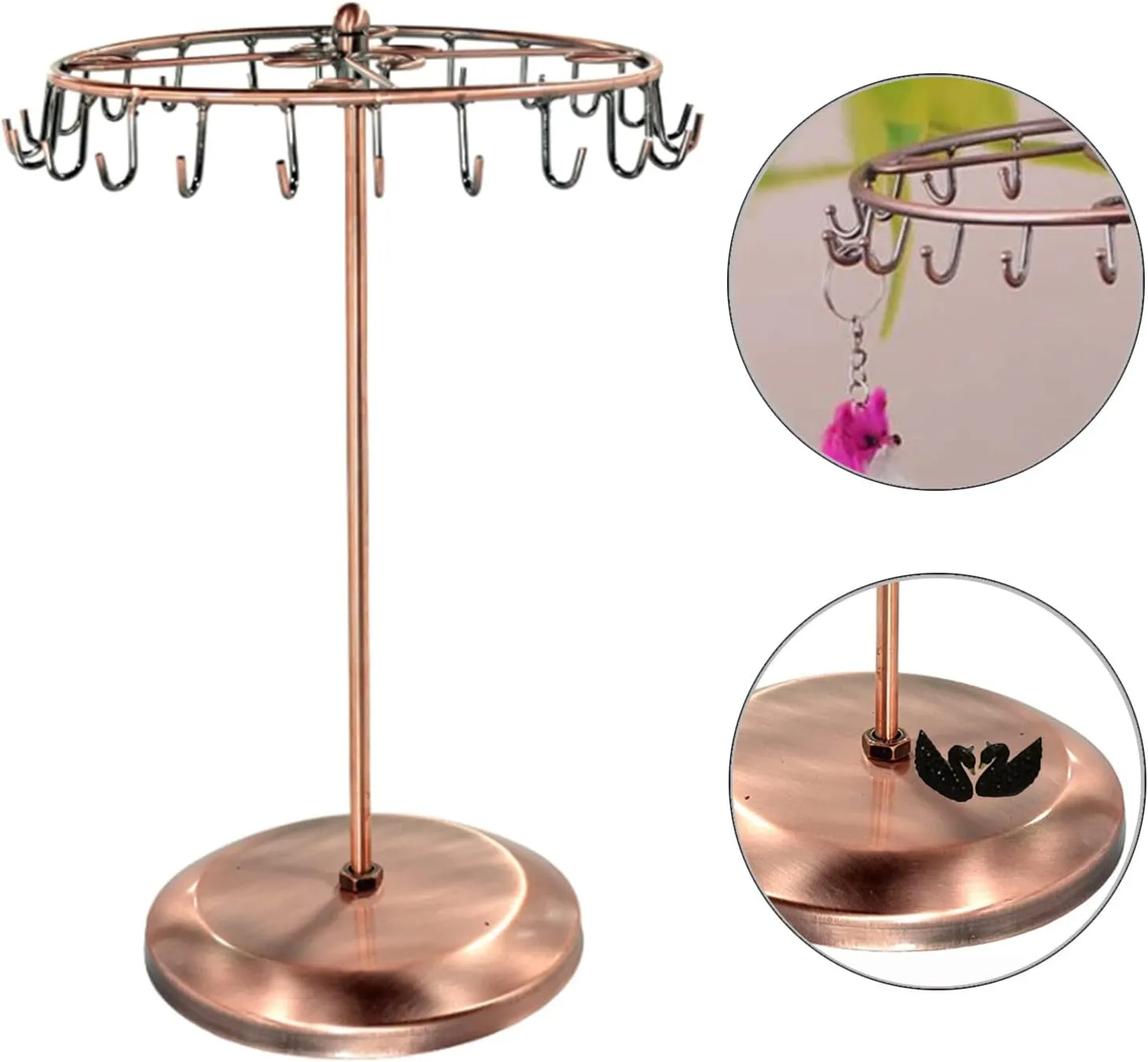 Rotating Necklace Holder Jewelry Organizer Display Stand 15.7-Inch with 23 Hooks (long-copper)