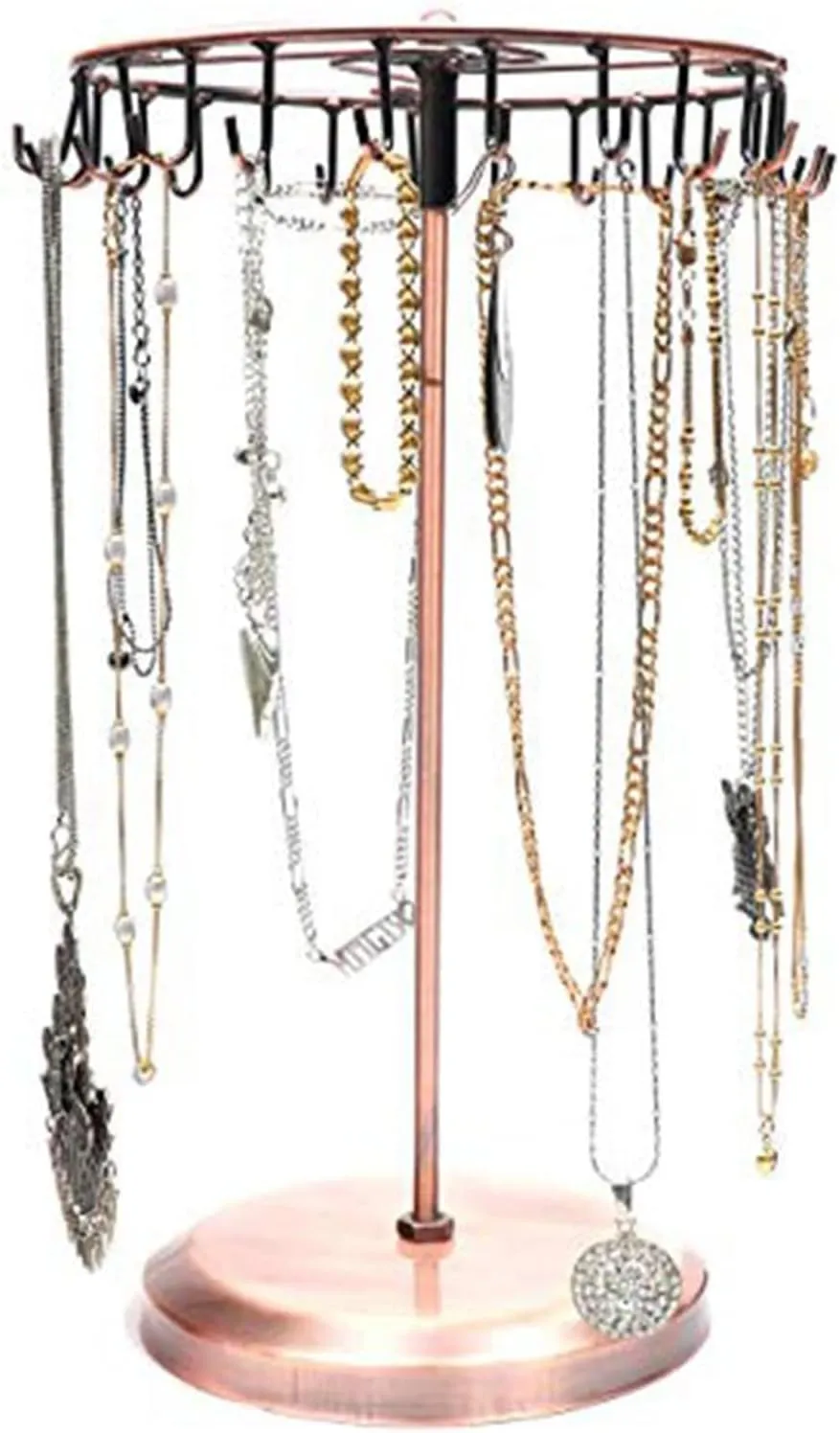 Rotating Necklace Holder Jewelry Organizer Display Stand 15.7-Inch with 23 Hooks (long-copper)