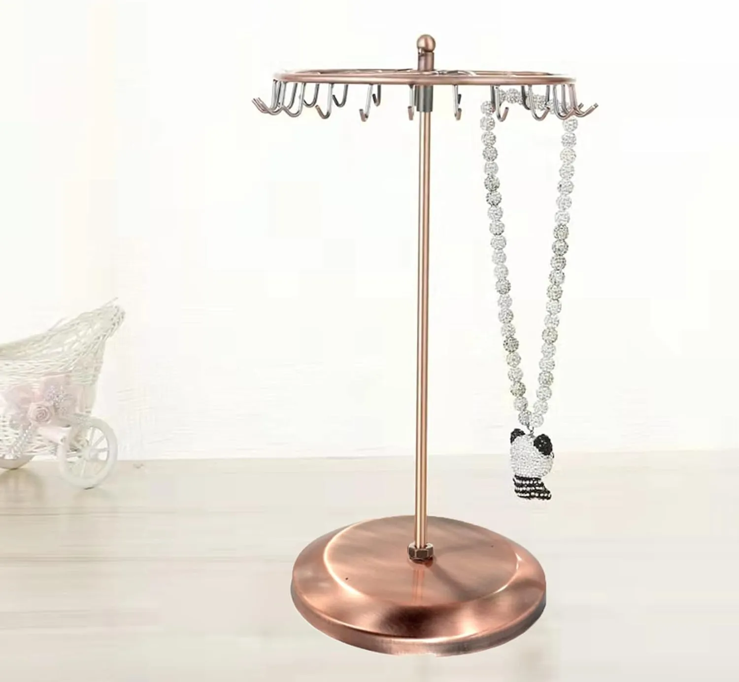 Rotating Necklace Holder Jewelry Organizer Display Stand 15.7-Inch with 23 Hooks (long-copper)