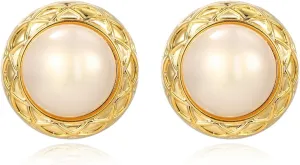 Round Big Pearl Stud Earrings for Women,Formal Gold Plated Brass Statement Geometric Abstract Large Big Pearl Earrings For Prom Wedding