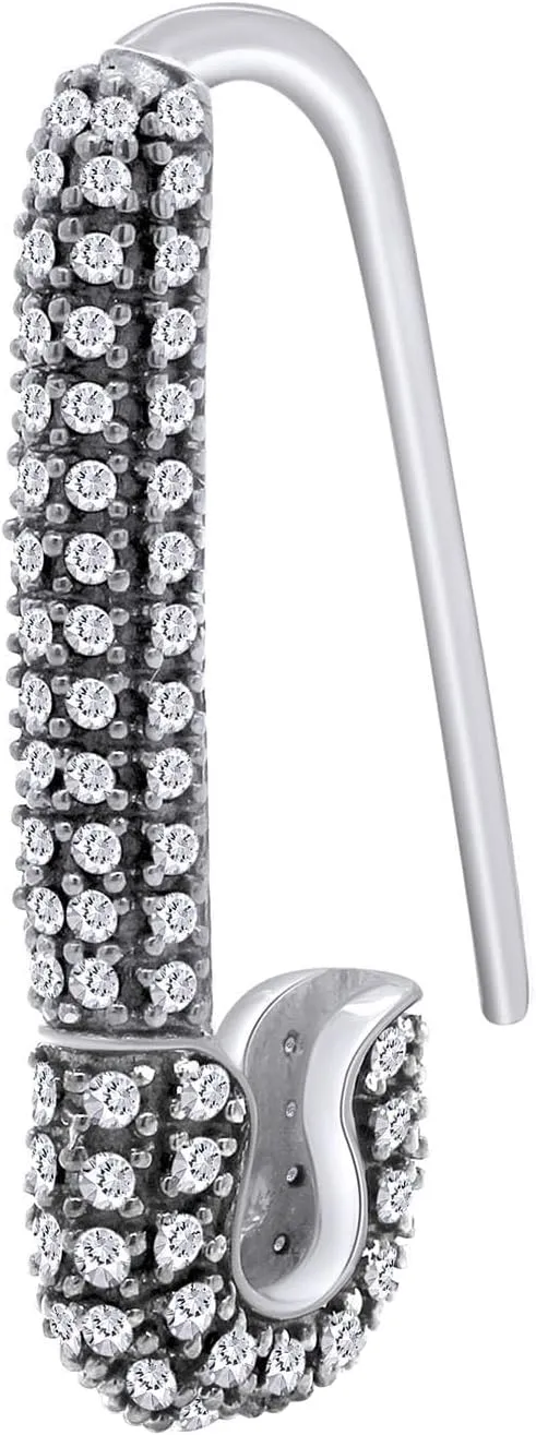 Round Cut White Cubic Zirconia Safety Pin SINGLE Dangle Hoop Earring Jewelry gift for Women in 14K Gold Plated Sterling Silver