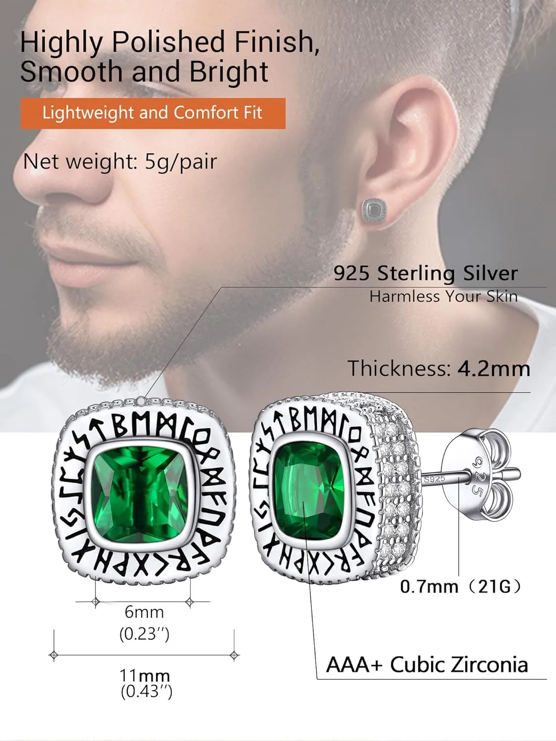 Round/Square Cubic Zirconia Studs Hypoallergenic Mens Earrings, Black Plated/925 Sterling Silver Viking Rune Earrings, Lightweight, Come with Box
