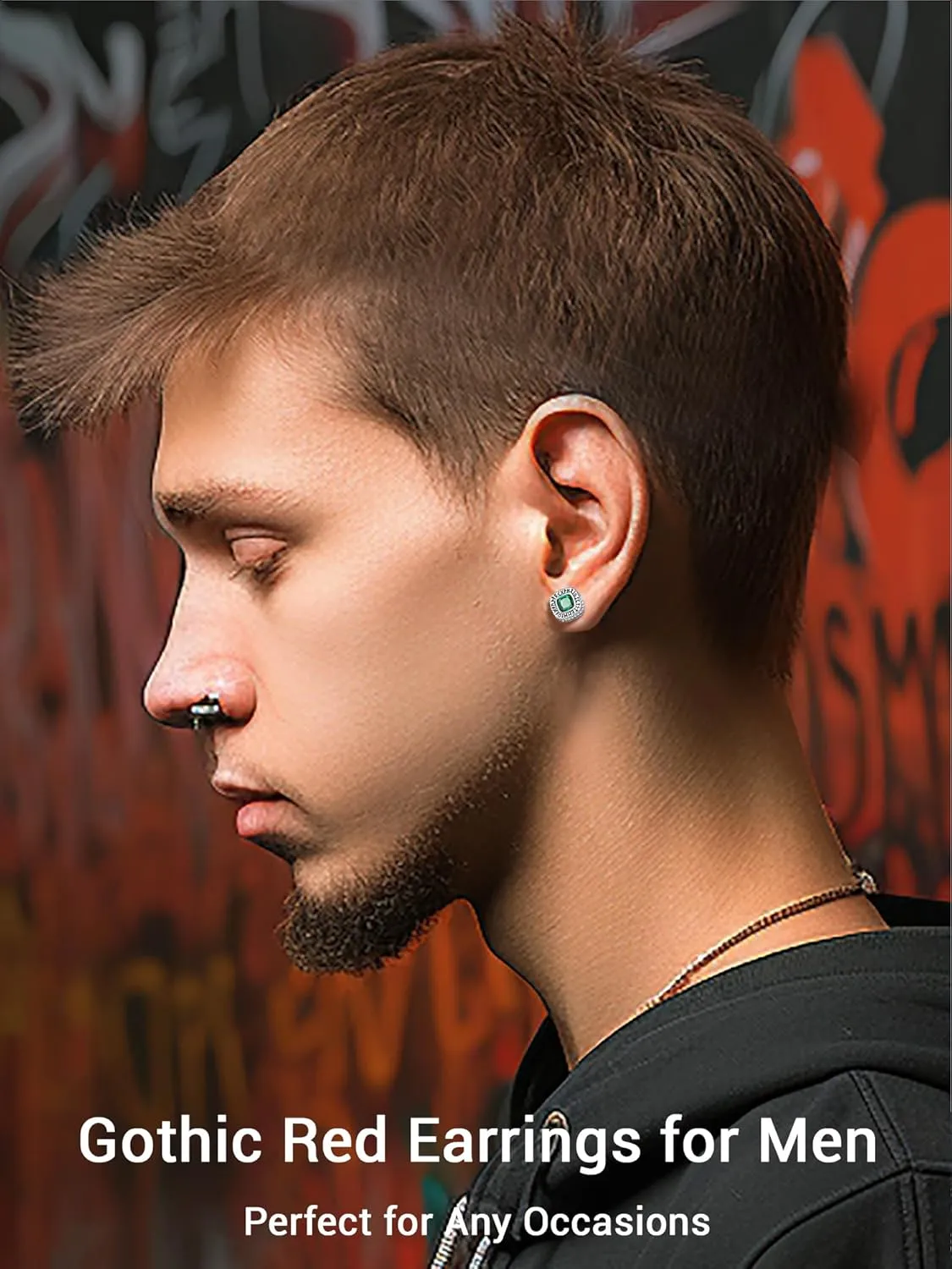 Round/Square Cubic Zirconia Studs Hypoallergenic Mens Earrings, Black Plated/925 Sterling Silver Viking Rune Earrings, Lightweight, Come with Box