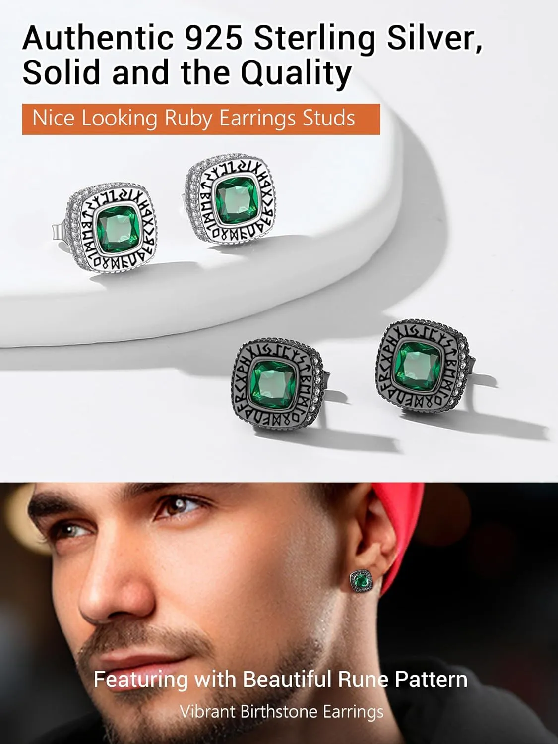 Round/Square Cubic Zirconia Studs Hypoallergenic Mens Earrings, Black Plated/925 Sterling Silver Viking Rune Earrings, Lightweight, Come with Box