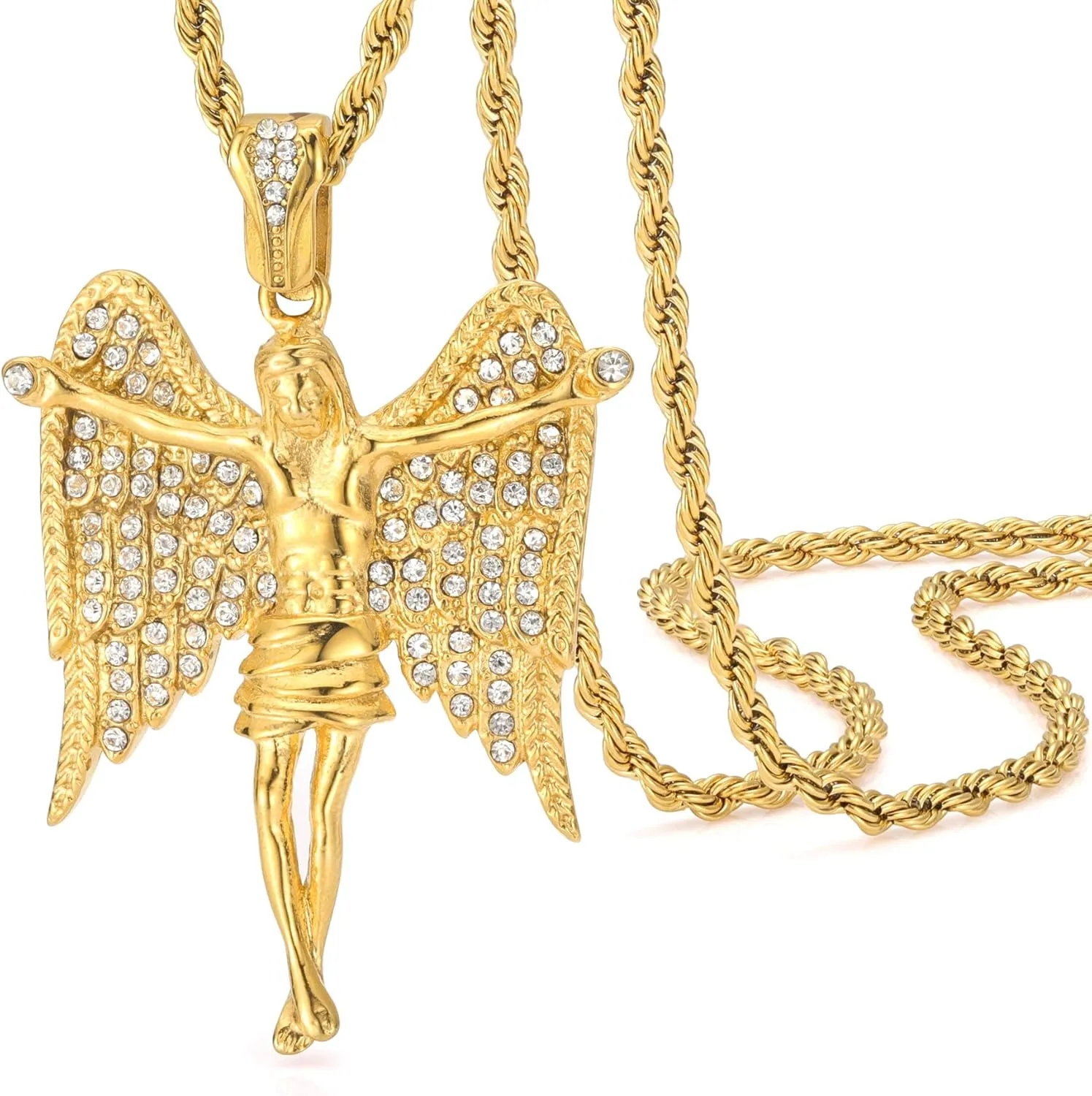 ROWIN&CO Iced Out Jesus Necklace for Men Women 18K Gold Plated Jesus Angel Wings Prayer Pendant Patron Saint Amulet Religion Jewelry 24" Stainless Steel Chain.