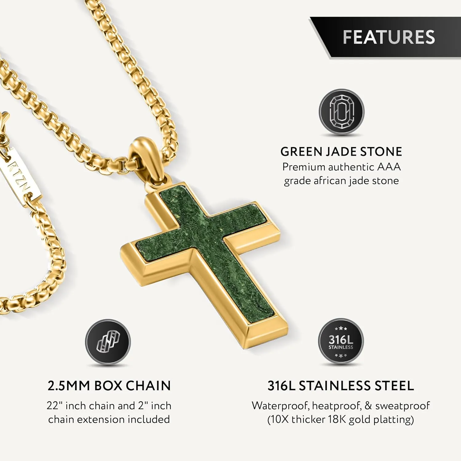 RTZN Jade Cross Necklace for Men  Premium Mens Pendant Necklaces  Green Jade Cross Pendant for Men with Stainless Steel Chain 22" Inch 2" Extension  Luxurious 18K Gold Plated Mens Jewelry Necklace