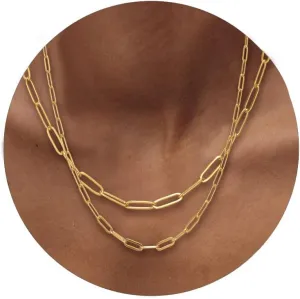 RWQIAN 18k Gold Paperclip Chain Link Necklace Dainty Paperclip Link Chain Layered Necklace Oval Link Chains Necklaces Set for Women Girls