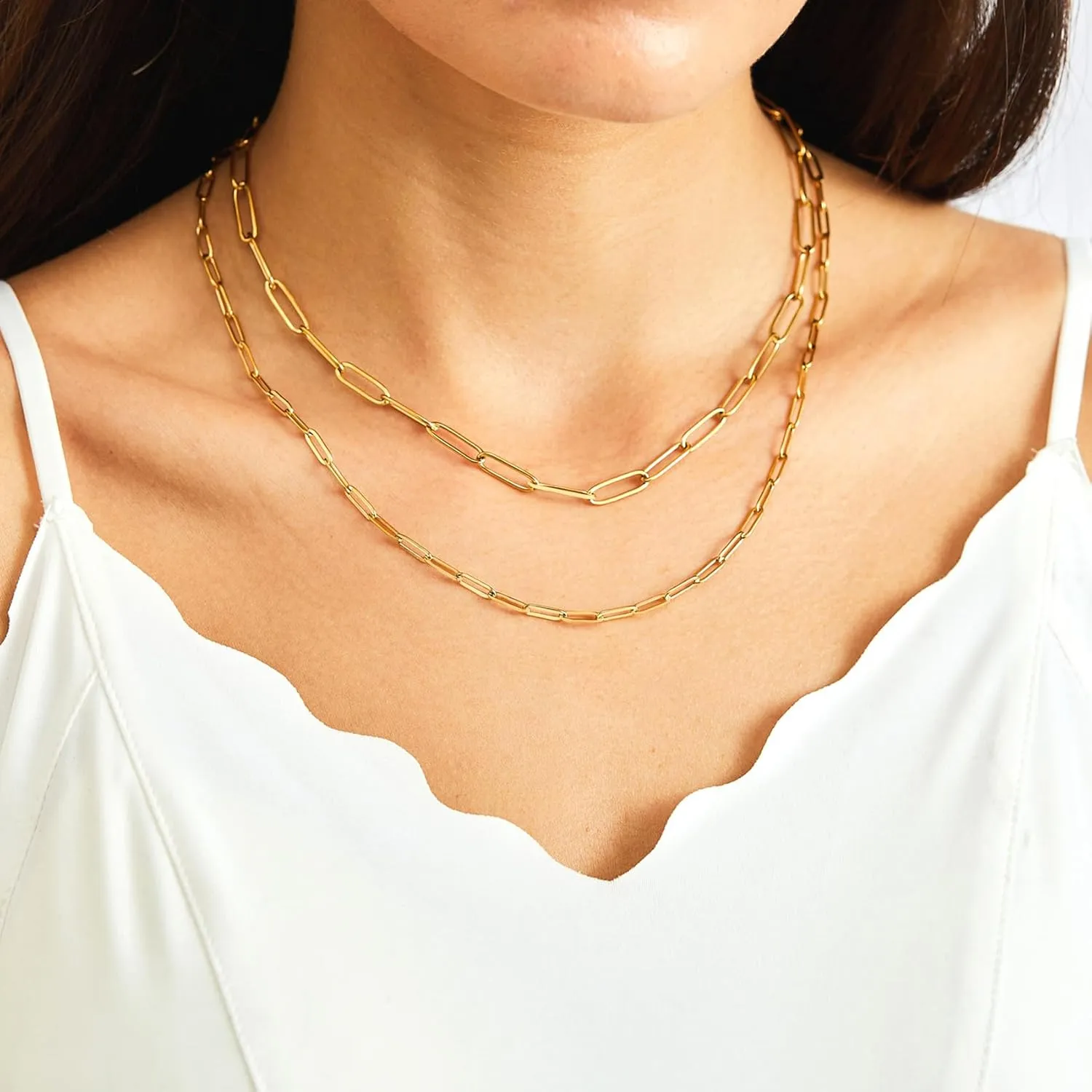 RWQIAN 18k Gold Paperclip Chain Link Necklace Dainty Paperclip Link Chain Layered Necklace Oval Link Chains Necklaces Set for Women Girls