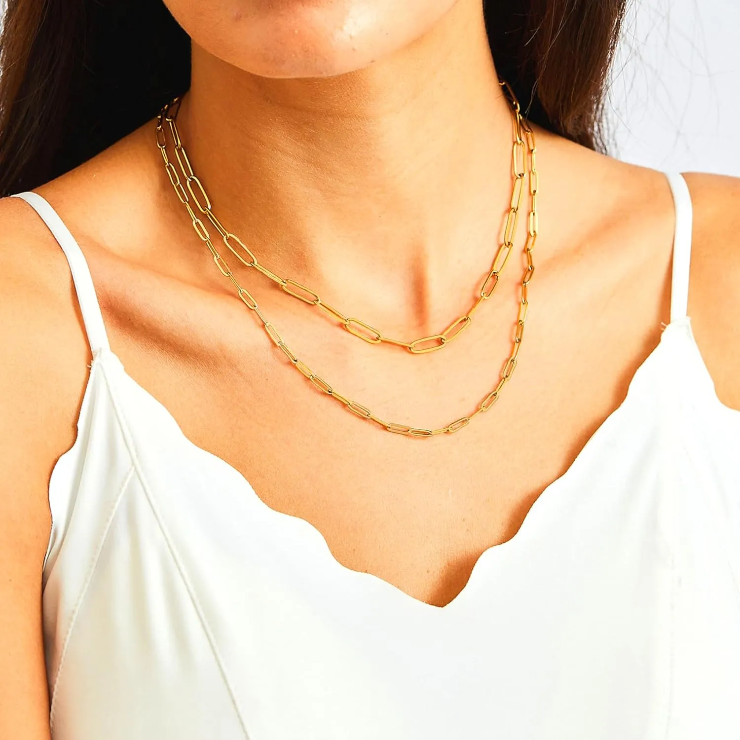 RWQIAN 18k Gold Paperclip Chain Link Necklace Dainty Paperclip Link Chain Layered Necklace Oval Link Chains Necklaces Set for Women Girls